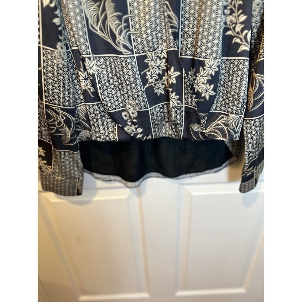 Current Air Anthropologie Black/Taupe Silk Surplus Blouse Medium Mandarin Collar - Picture 6 of 10